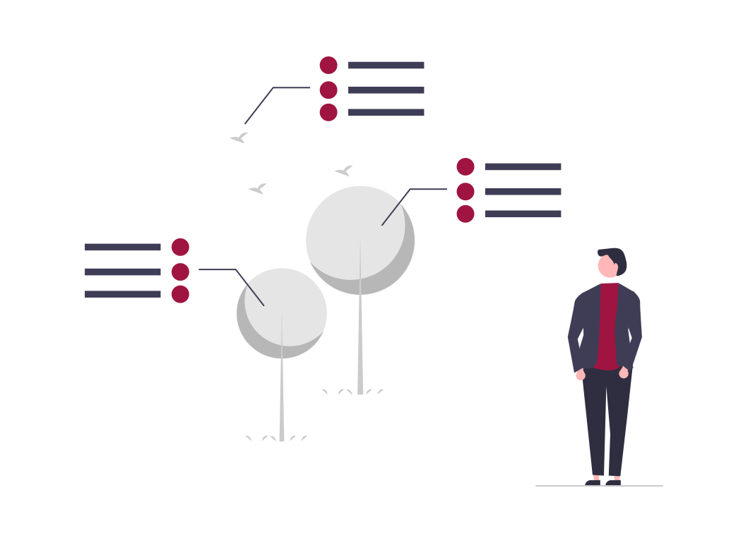 Illustration einer Person, die vor einer strukturierten Menüführung steht, um die Navigation eines Produkts zu optimieren.