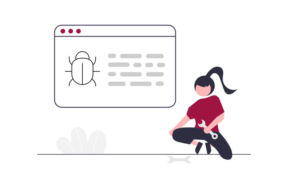 Person mit Werkzeug sitzt vor einem Bildschirm mit einem Bug-Symbol und Textzeilen, symbolisiert strukturiertes Bug-Testing durch die Crowd.