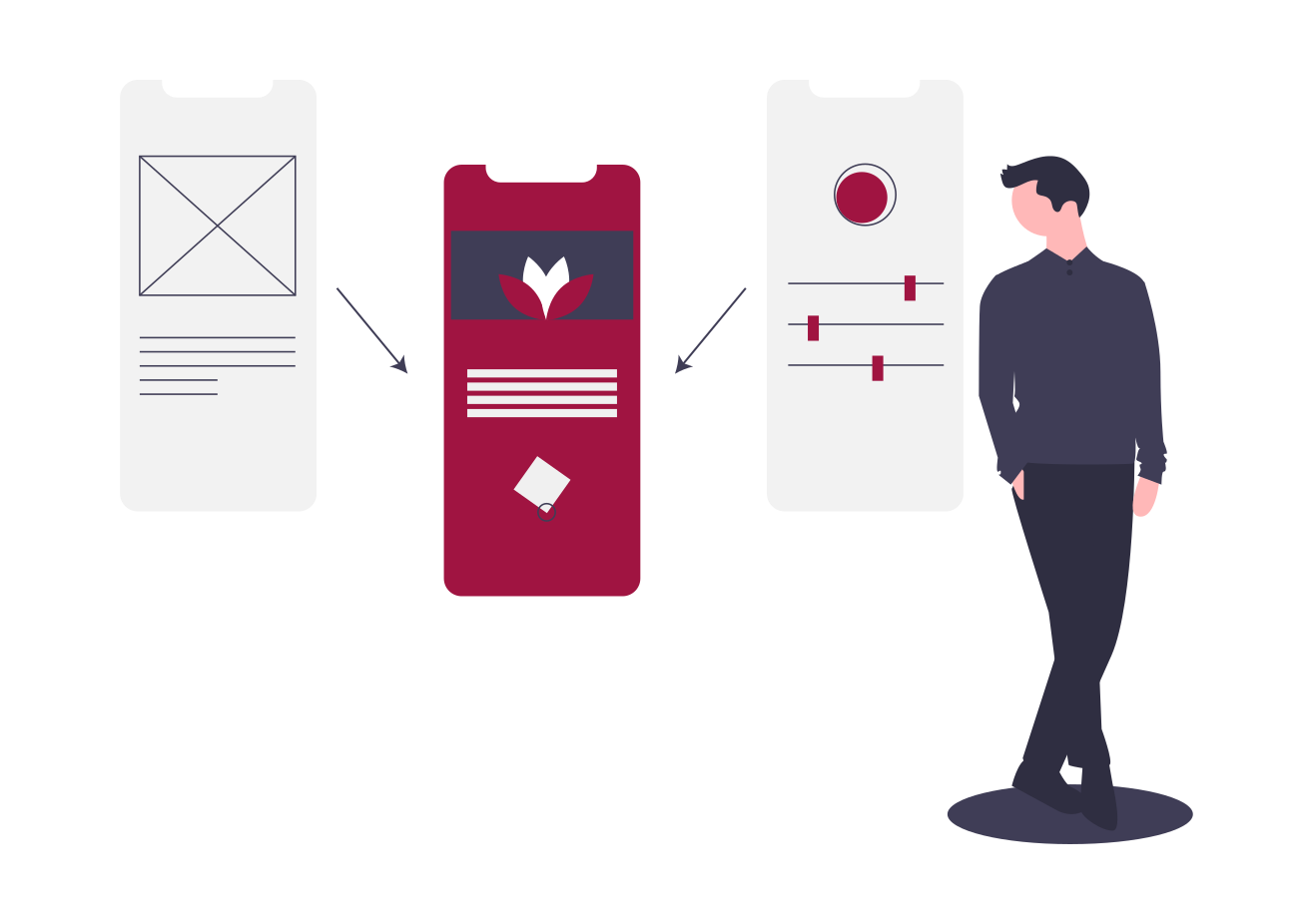 Illustration eines Mannes neben drei mobilen App-Prototypen. Die Bildschirme zeigen verschiedene Entwicklungsstadien einer App mit Layouts und Anpassungen.