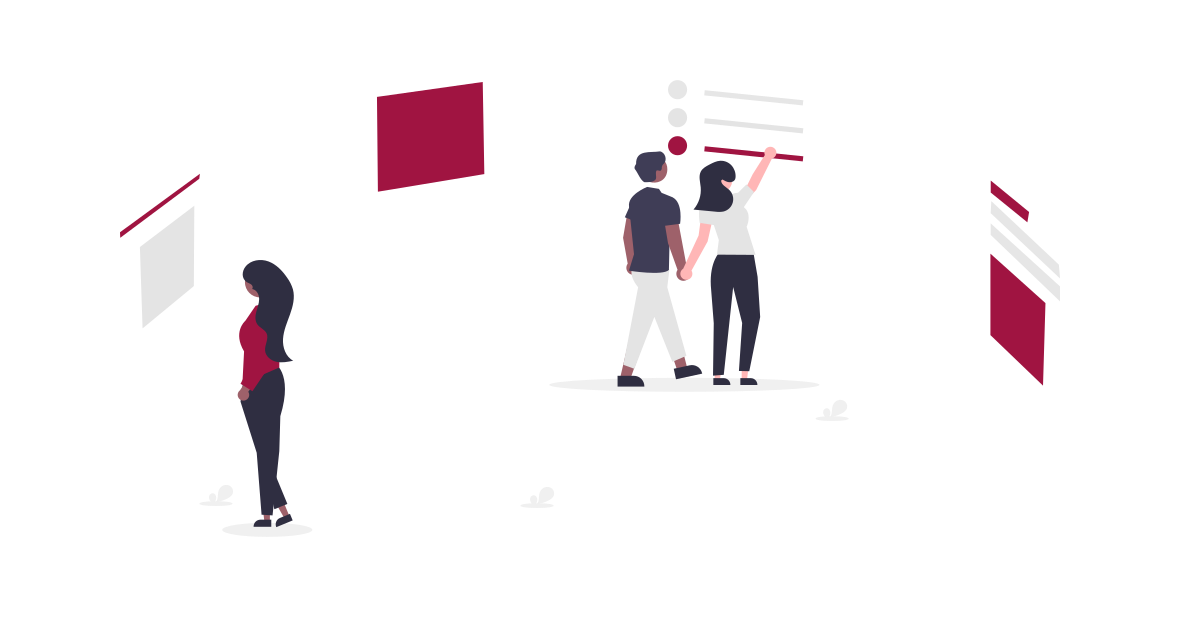 Illustration von drei Personen, die verschiedene Interaktionen und Touchpoints darstellen, symbolisiert Customer Experience und Customer Journey Testing.