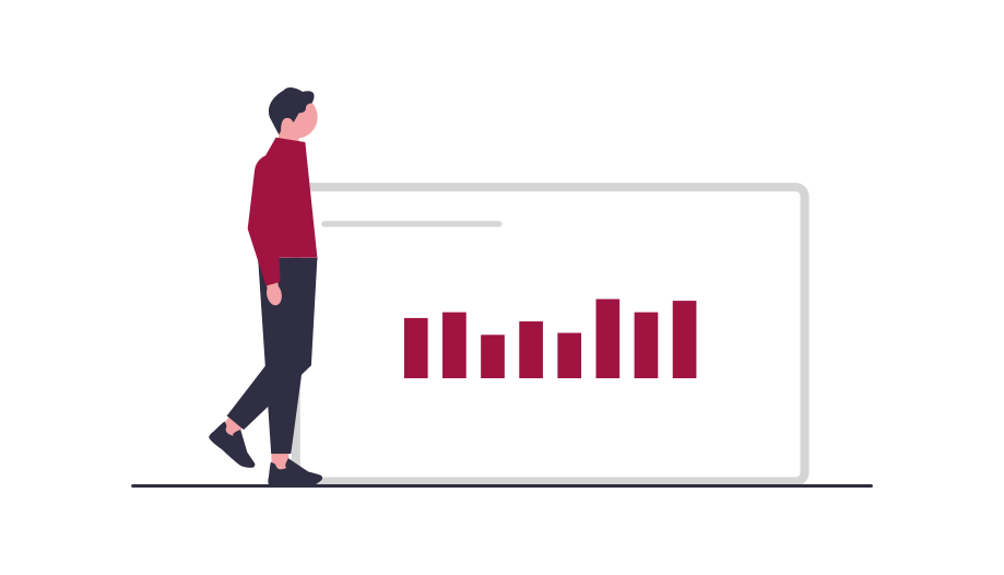 Illustration einer Person vor einem Diagramm, das Balkendiagrammdaten darstellt. Symbolisiert quantitative Usability-Studien und die Analyse von Nutzungsdaten.