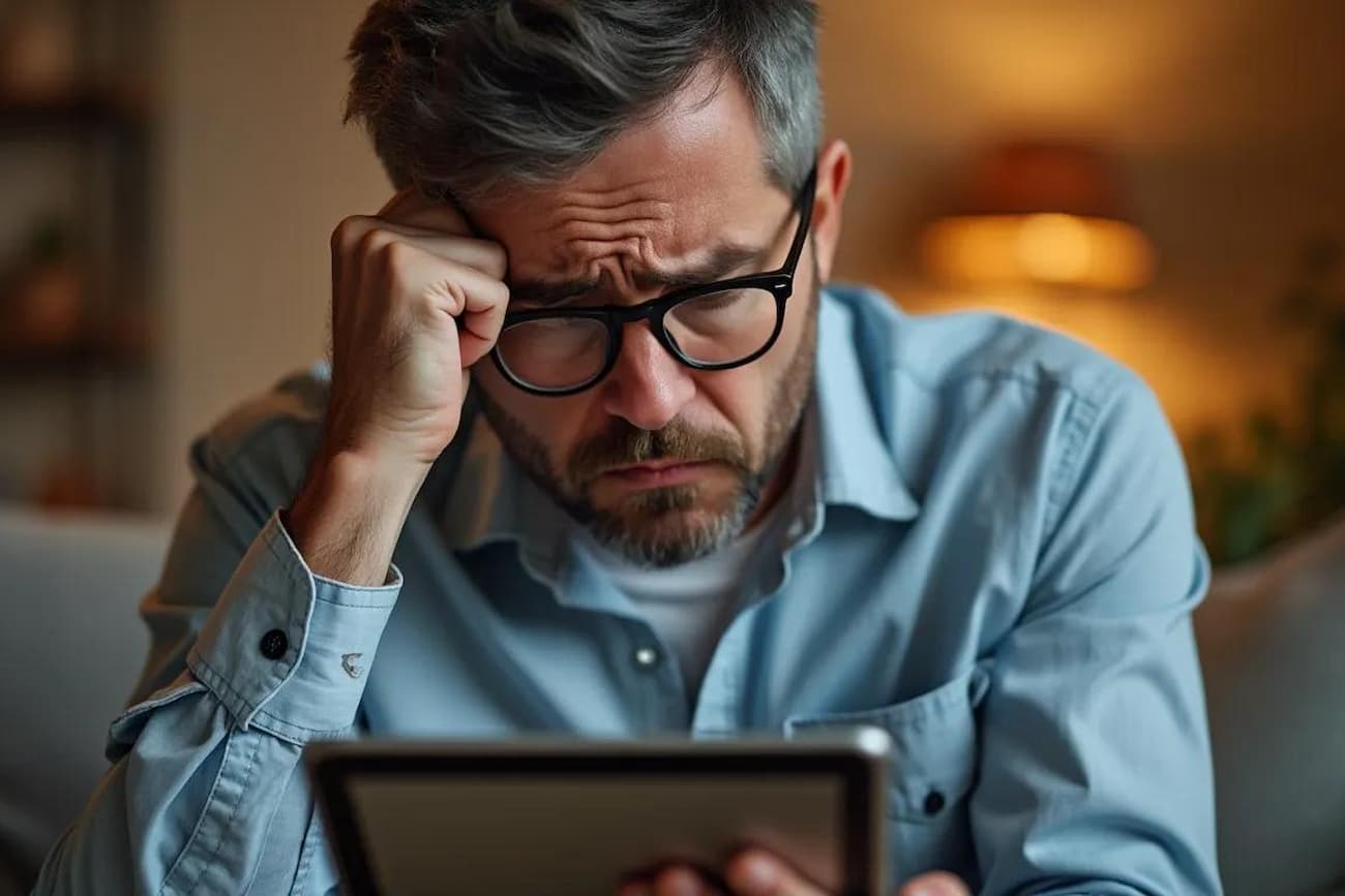 Mann mit Brille schaut besorgt auf ein Tablet, symbolisiert Barrieren bei der Nutzung digitaler Produkte.