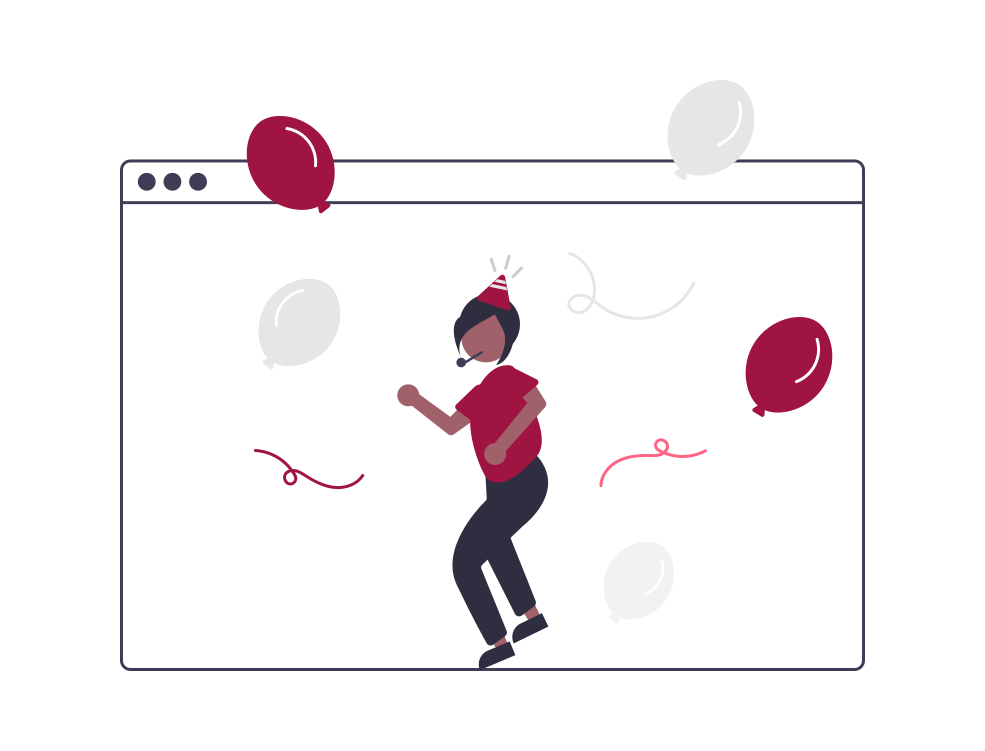 Illustration einer fröhlichen Person auf einer Party innerhalb eines Browserfensters mit Luftballons, die eine verbesserte Nutzererfahrung symbolisiert.