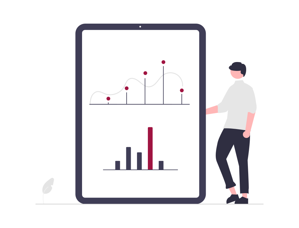 Person steht neben einem großen Bildschirm, der verschiedene Diagramme und Analyseergebnisse zeigt, symbolisiert strukturierte Berichte und Handlungsempfehlungen.